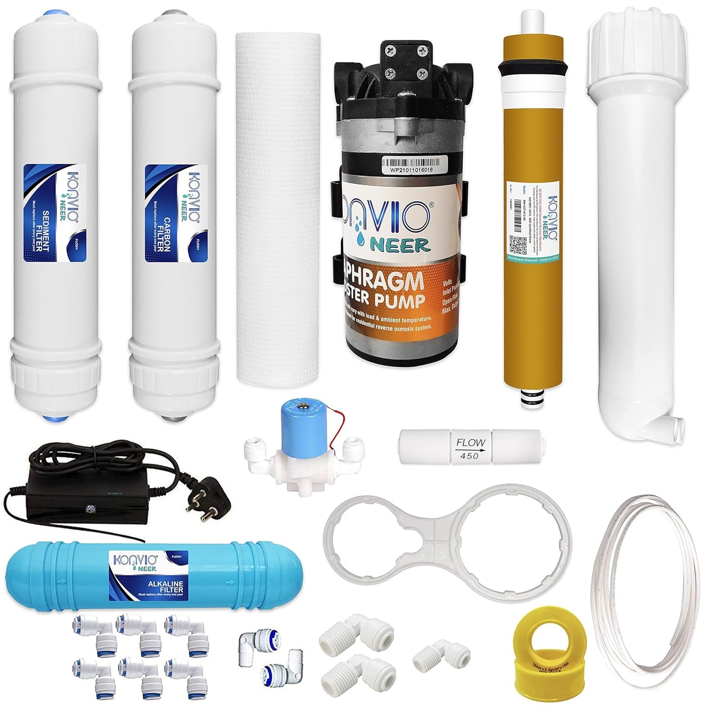 Macmillan Aquafresh Service Kit with 100 GPD Booster pump, Carbon Sediment Inline Filter, PP Spun 10 Inch, 80 GPD Membrane, Alkaline cartridge, FR for all RO Water Purifier (Multicolour)
